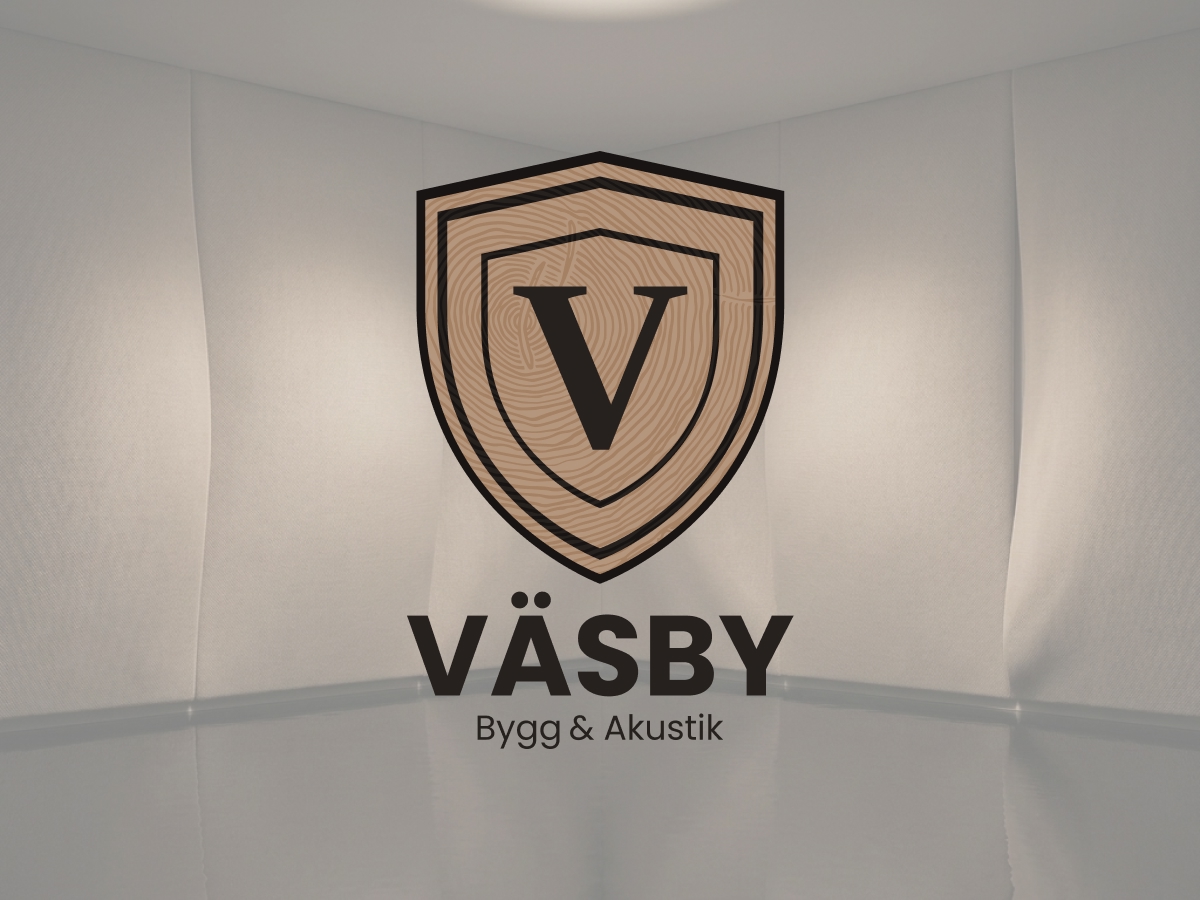 Väsby Bygg & Akustik logotyp på en ljudisolerad vägg